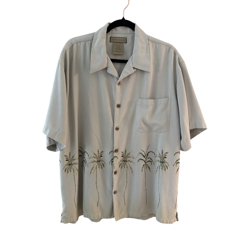 Naturalife Men XL 100% Silk Palm Tree Graphic Short Sleeve Camp Shirt Sage Green